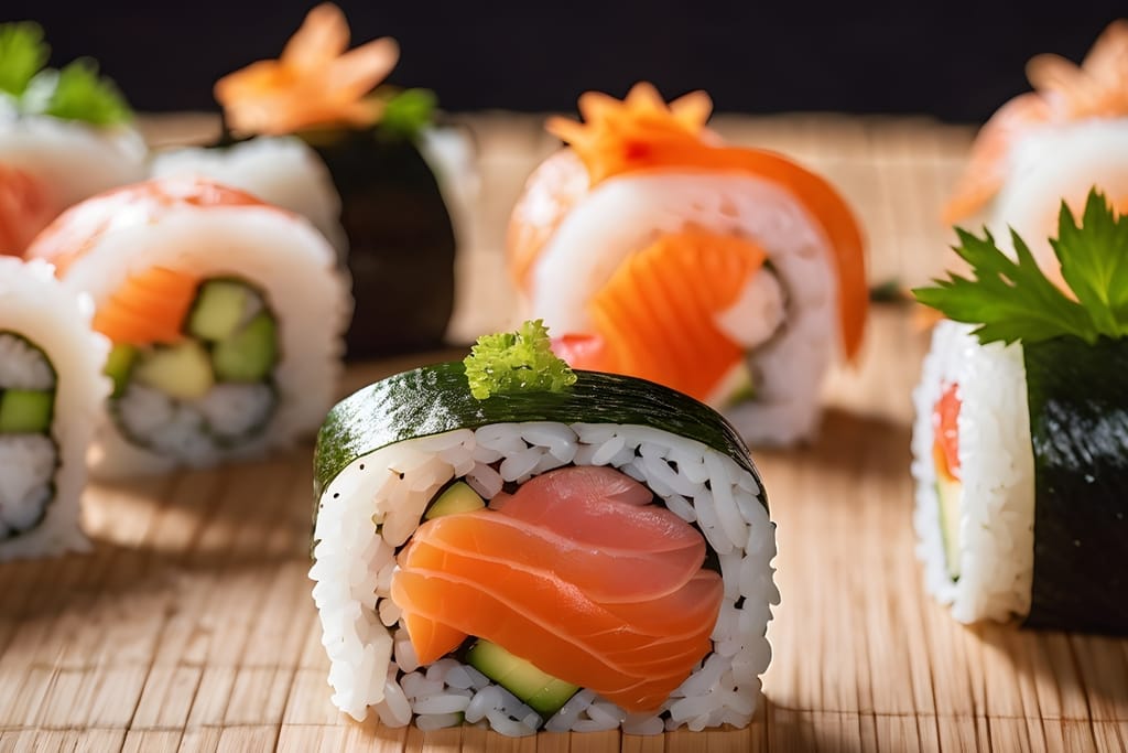 Tekoälyllä luotuja sushipaloja, joissa näkyy riisiä, merilevää, kurkkua ja lohta.