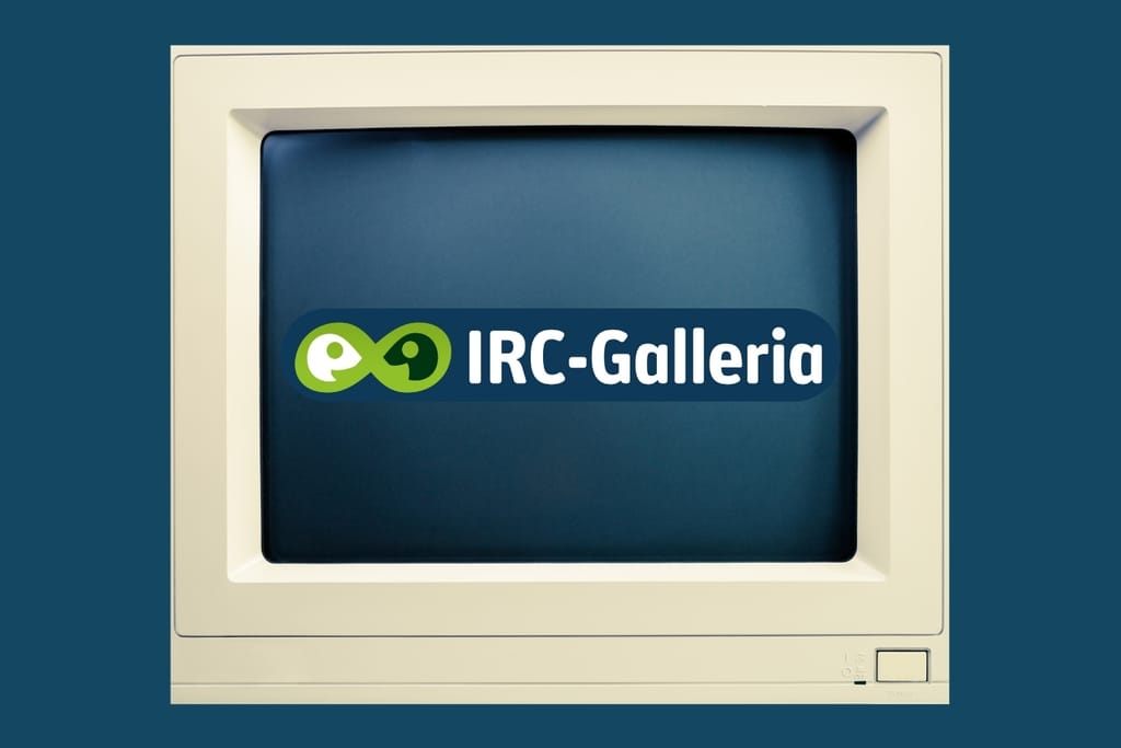 IRC-Gallerian logo vanhan kuvaputkinäytön ruudulla.