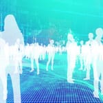 Futuristinen visuaalinen esitys holografisesta universumista, jossa ihmishahmot muodostuvat sinisestä digitaalisesta koodista ja verkostosta.